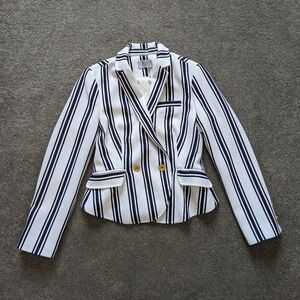 1. State Women Construct Stripe Textured White Blue Jacket Gold Buttons Medium